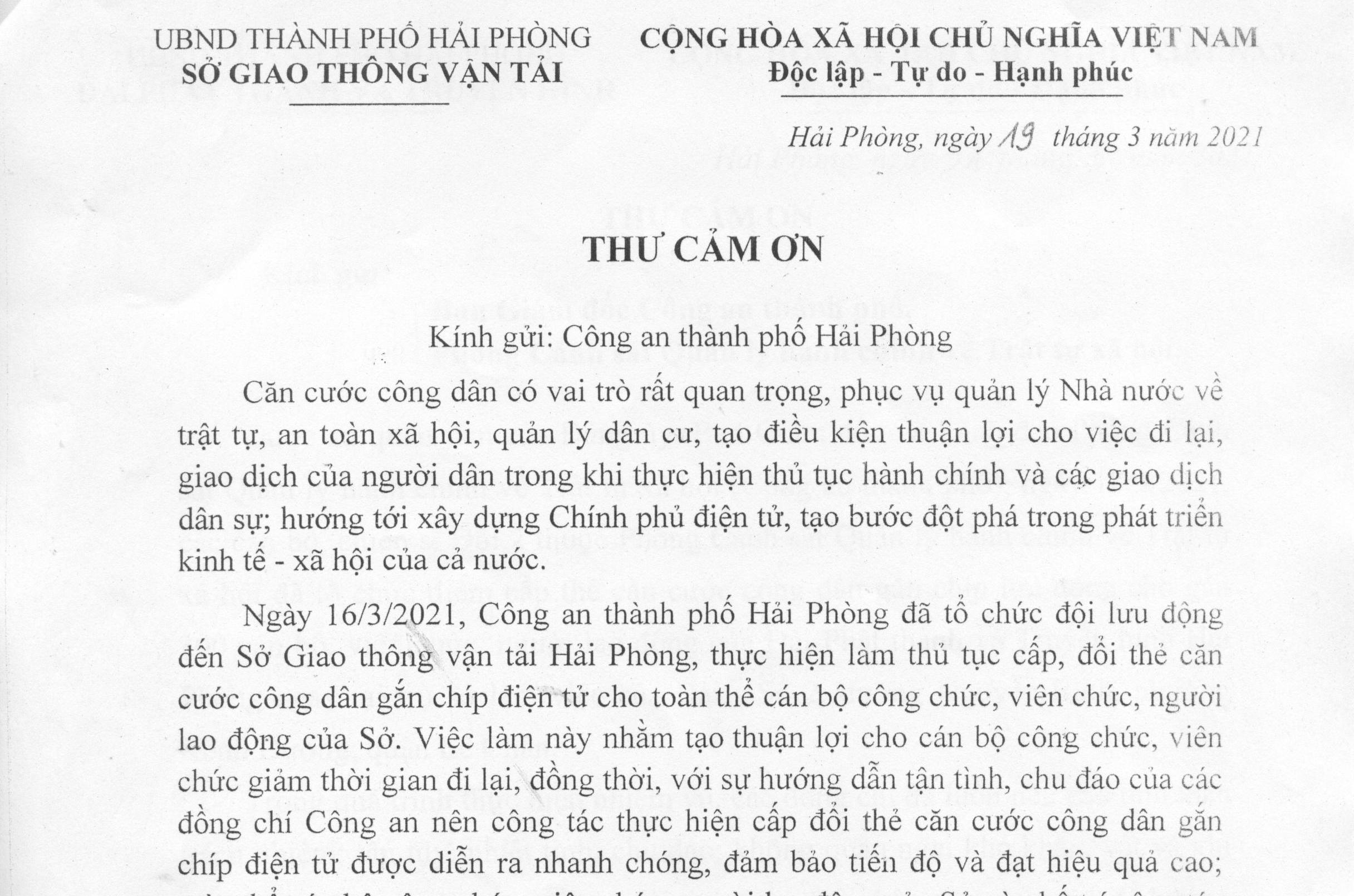 Sở Giao thông vận tải gửi thư cảm ơn về việc cấp căn cước công dân gắn chíp điện tử lưu động
